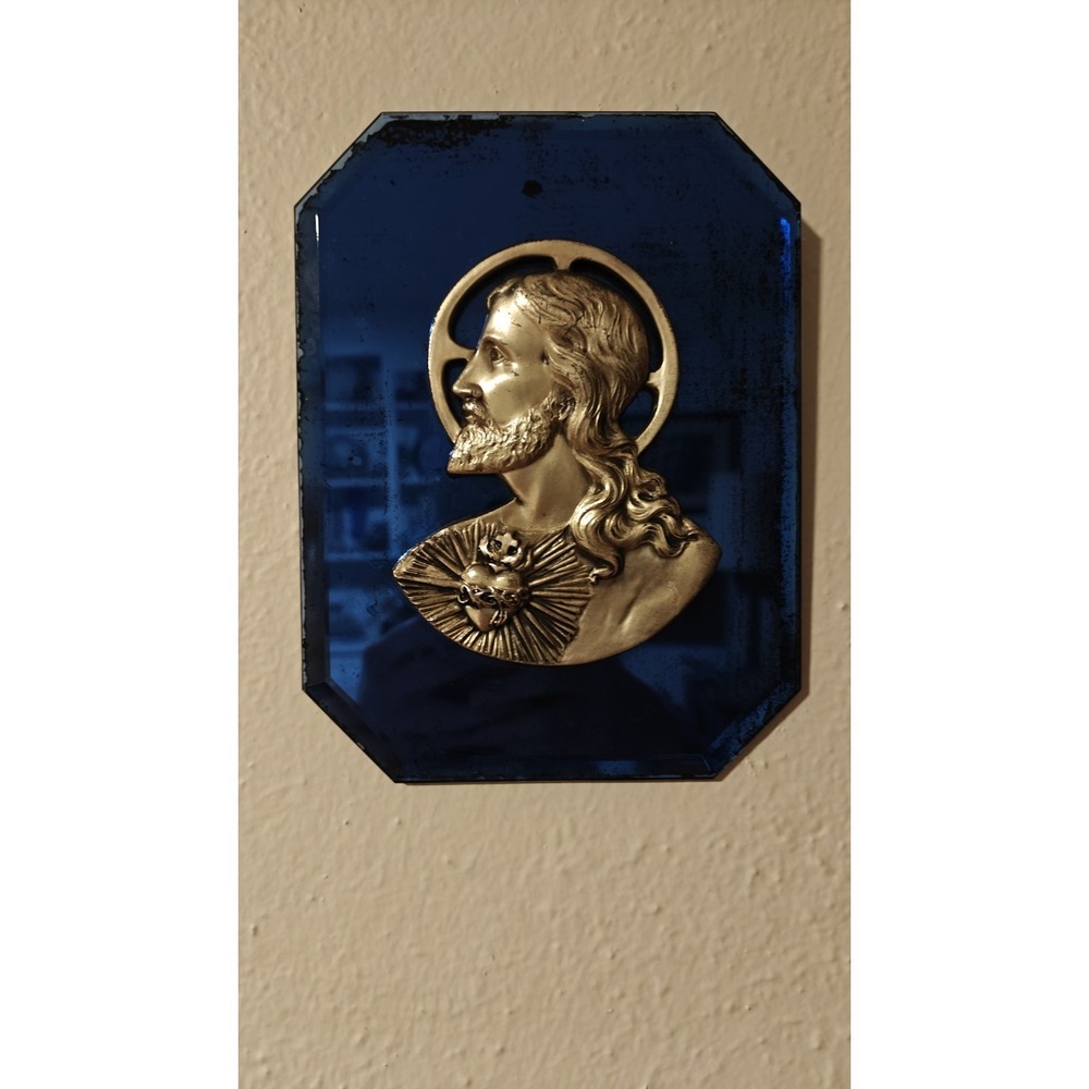 Vintage 1950s MCM Blue Cobalt Glass And Silver Tone Jesus Plaque Wall Hanging